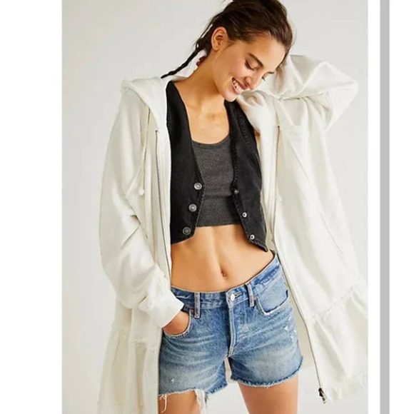 NEW Free People LONG KARA CARDI Full Zip Hoodie Jacket M in White Ecru $128 NWOT